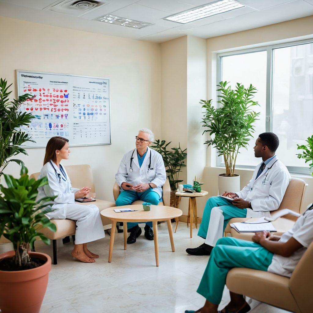 A serene healthcare setting featuring an oncologist conversing empathetically with a diverse group of patients, showcasing diverse backgrounds. Infographics about malignancy management, like cancer cells and wellness tips, subtly integrated into the background. The room is bright and calming, with plants, medical charts, and soft lighting. This scene conveys compassion, knowledge, and hope. super-realistic. vibrant colors. soft focus.