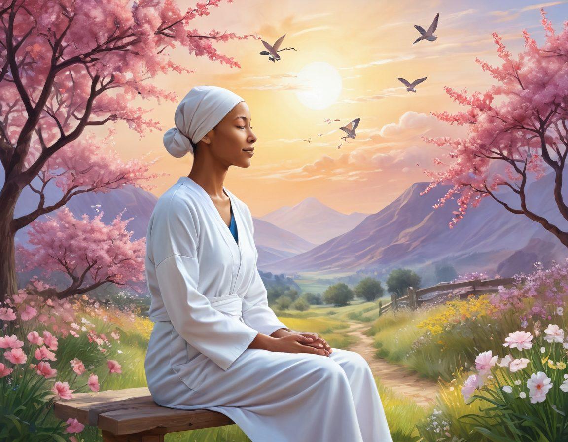 A serene and hopeful landscape depicting a patient transitioning from chemotherapy to immunotherapy, symbolized by blooming flowers representing healing and rejuvenation. In the background, a blend of medical symbols like DNA strands and immune cells. Soft, natural light illuminating the scene, conveying a sense of warmth and optimism. Illustration style: vibrant colors, painterly effect.